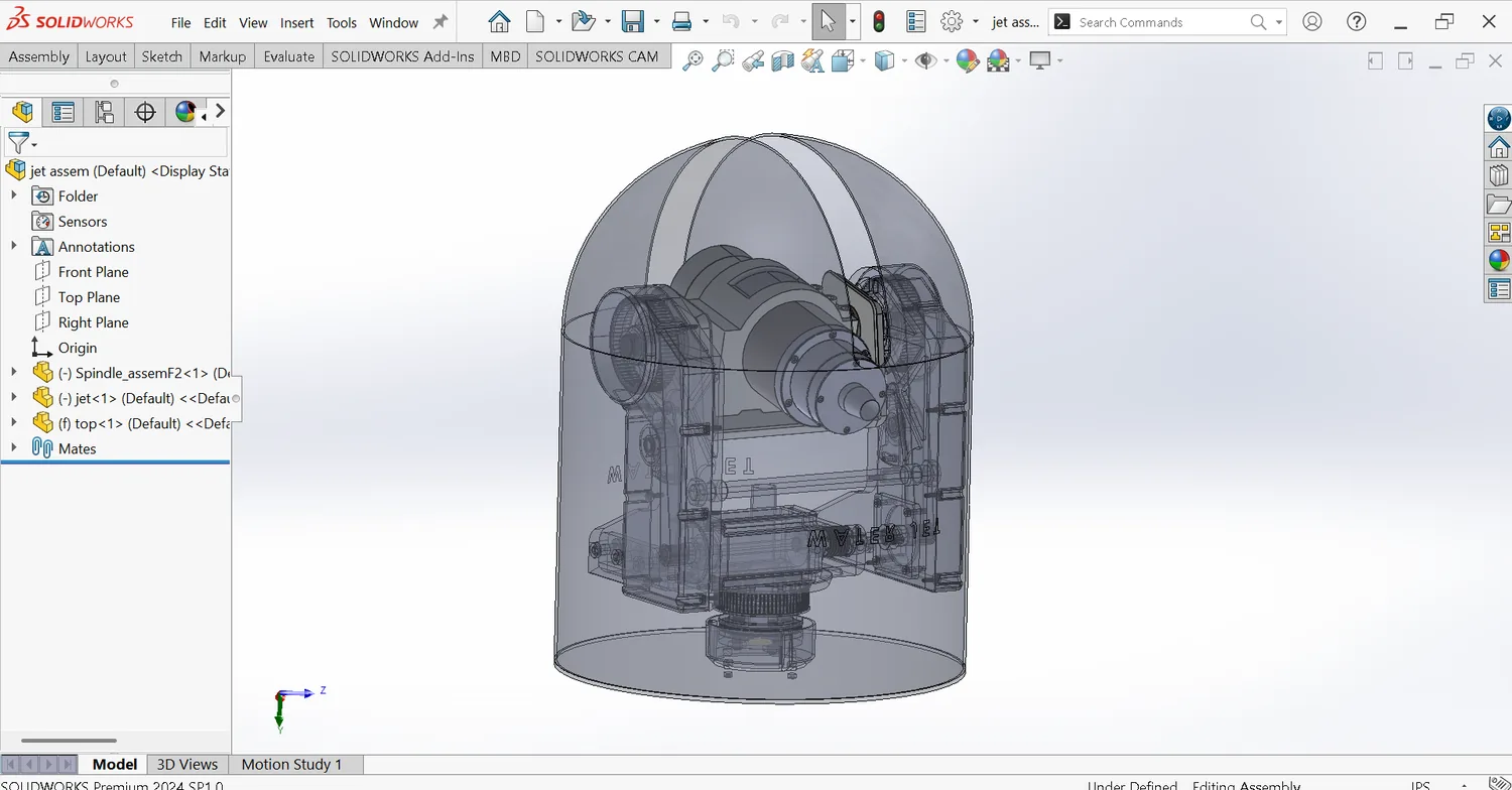 SolidWorks complex assembly shown in a transparent enclosure