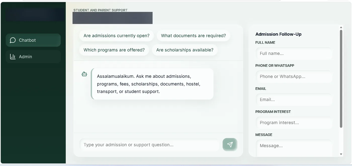 Admissions chatbot interface with suggested questions and a follow-up capture form