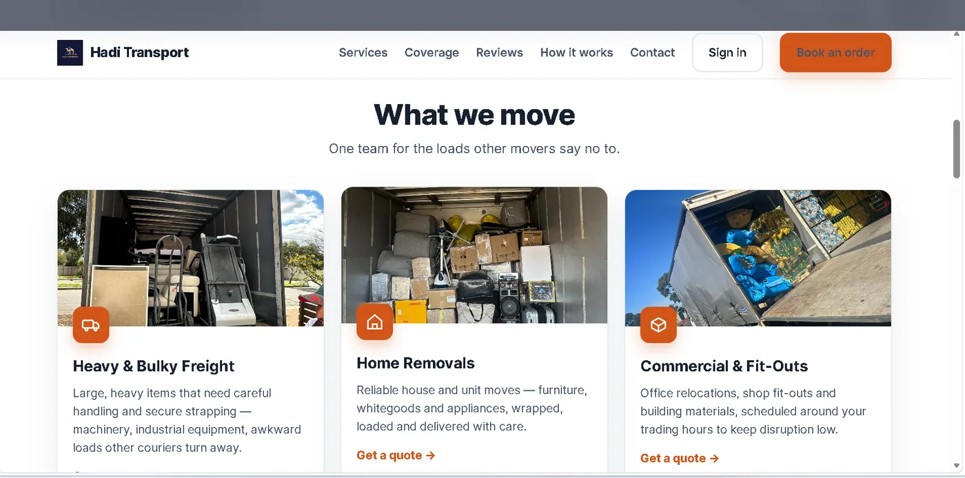 Transport company website showing the customer-facing service section